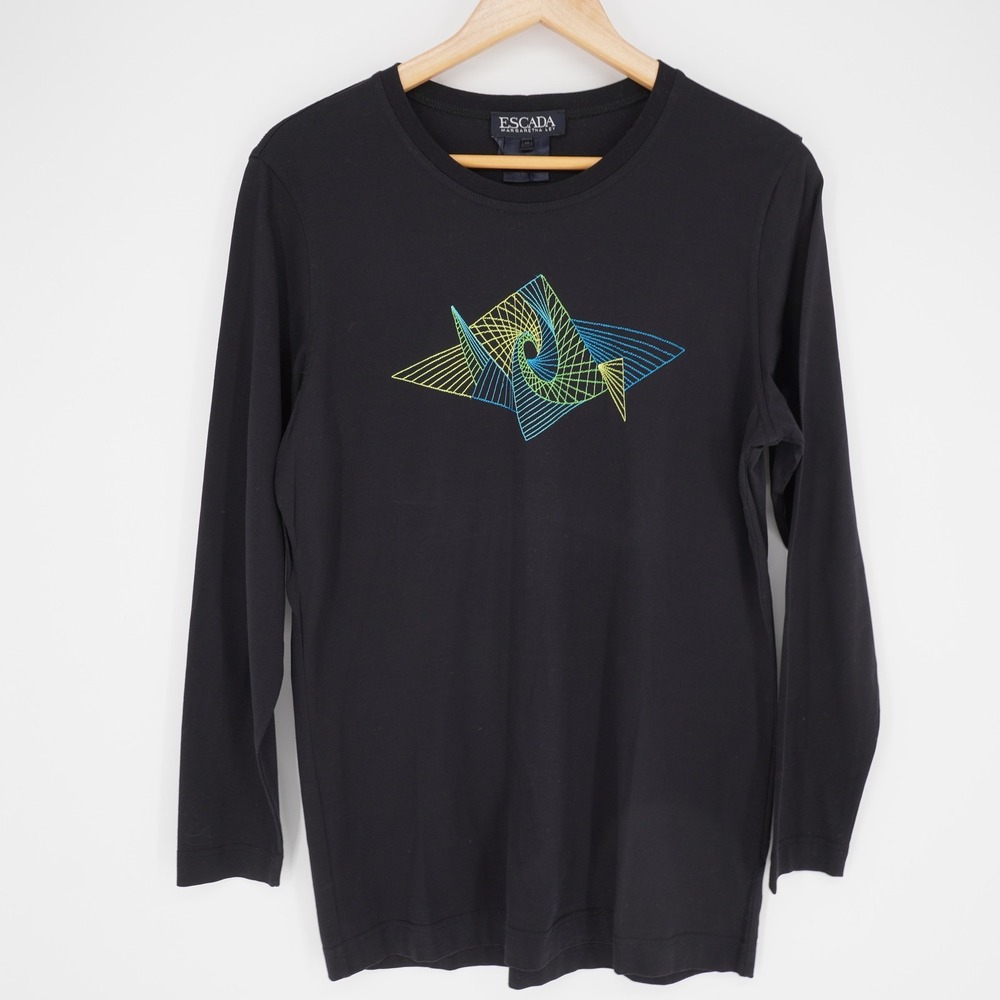 Vintage Escada Shirt Womens 38 M Black Geometric Graphic Embroidered Long Sleeve